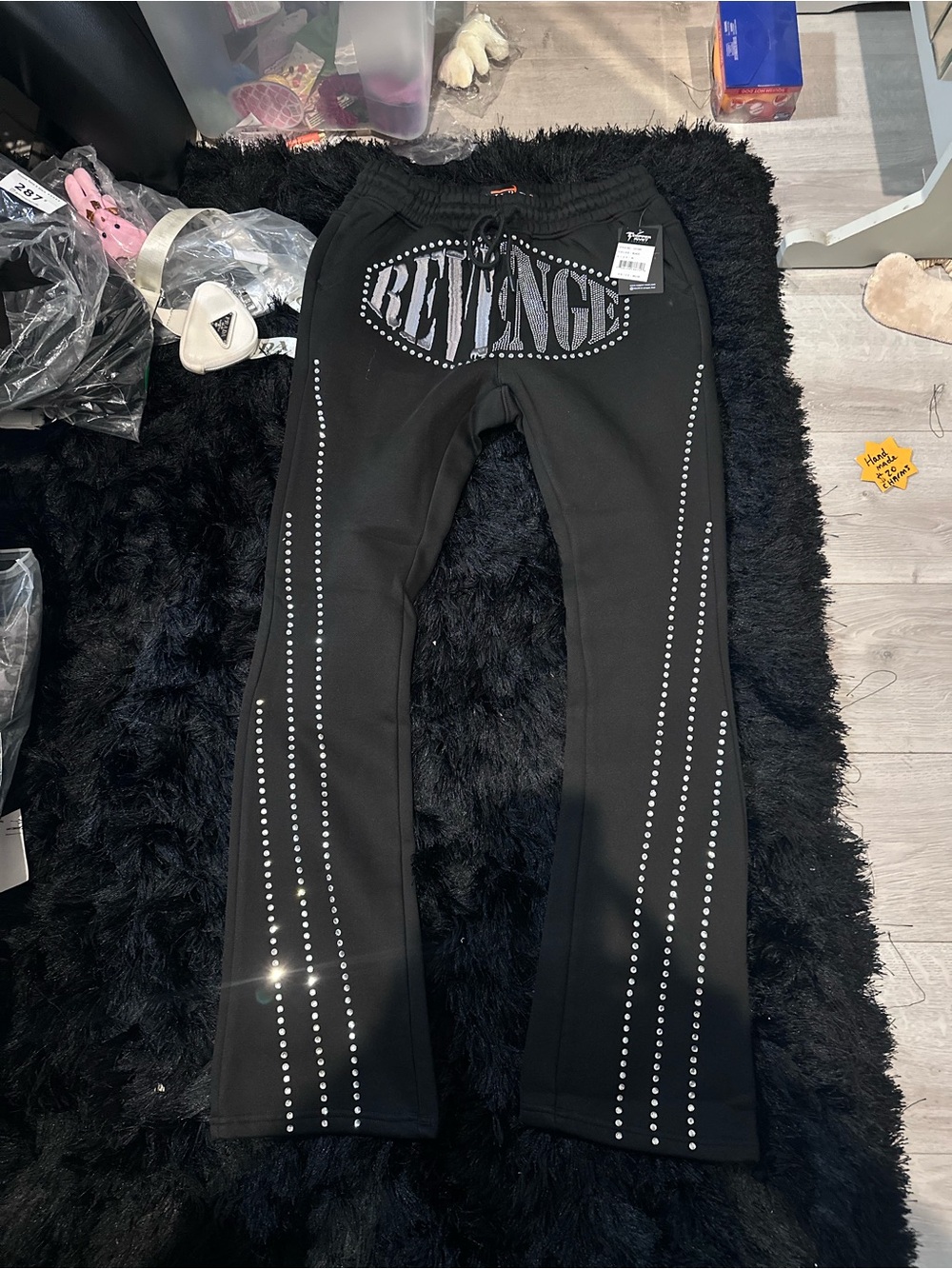 Revenge Black Rhinestone-Trimmed Joggers for Men